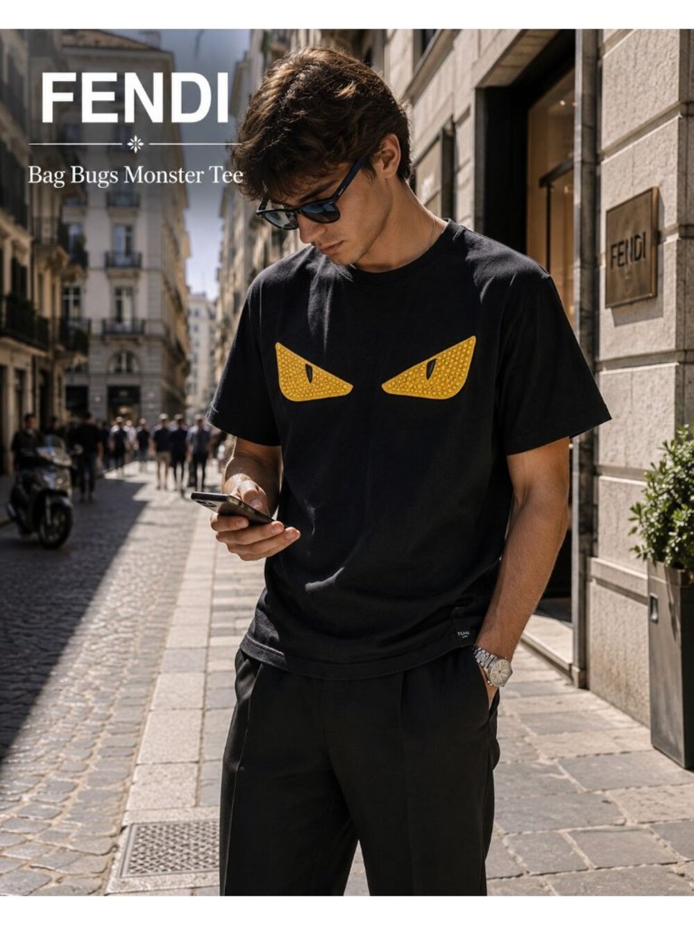 Fendi Bag Bugs Monster Eyes T Shirt 2XL Black Yellow Luxury Streetwear Designer
